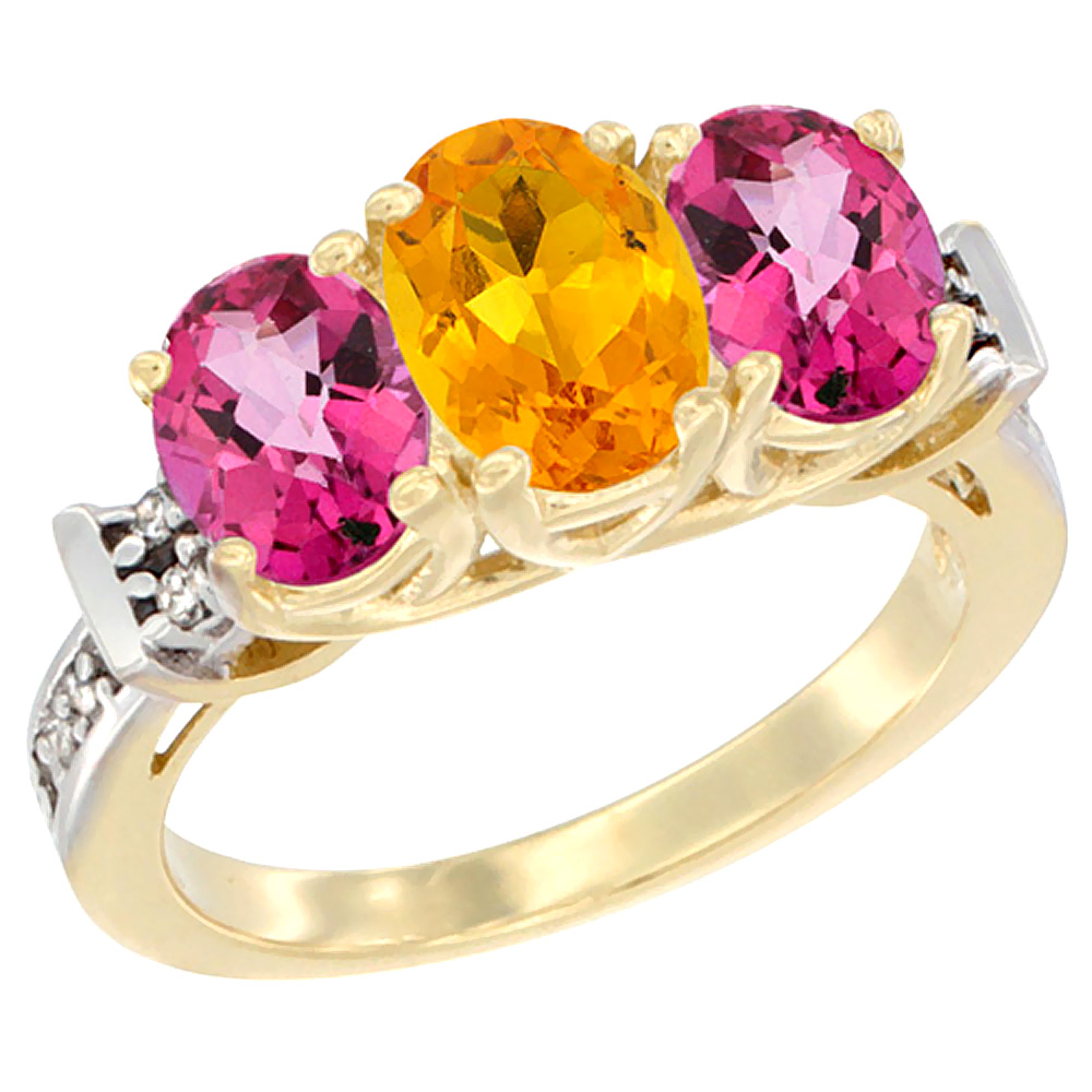 10K Yellow Gold Natural Citrine & Pink Topaz Sides Ring 3-Stone Oval Diamond Accent, sizes 5 - 10