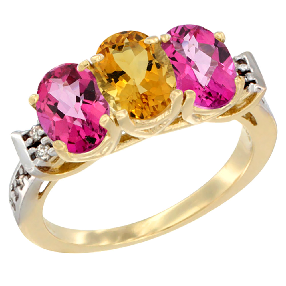 14K Yellow Gold Natural Citrine &amp; Pink Topaz Sides Ring 3-Stone 7x5 mm Oval Diamond Accent, sizes 5 - 10
