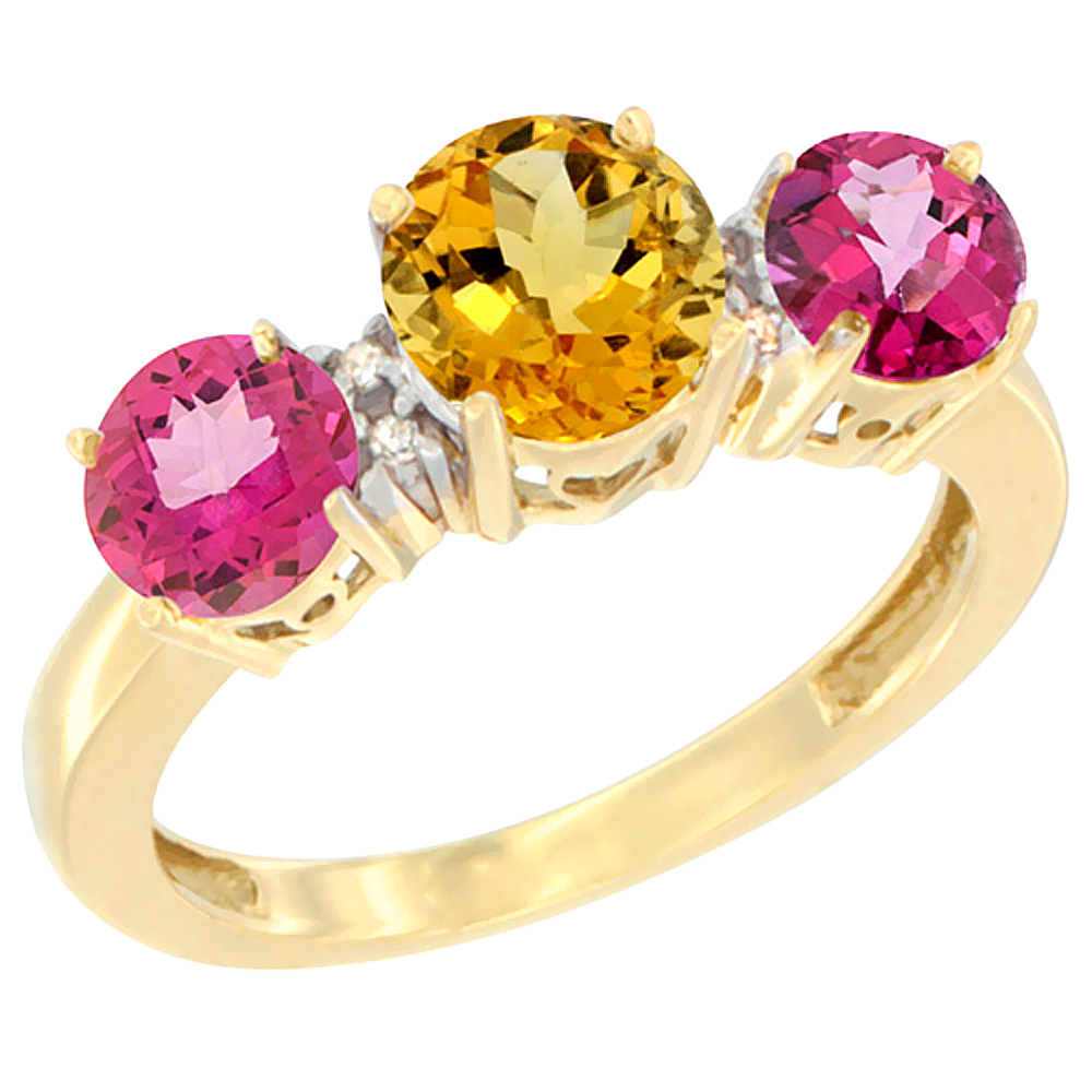 10K Yellow Gold Round 3-Stone Natural Citrine Ring &amp; Pink Topaz Sides Diamond Accent, sizes 5 - 10