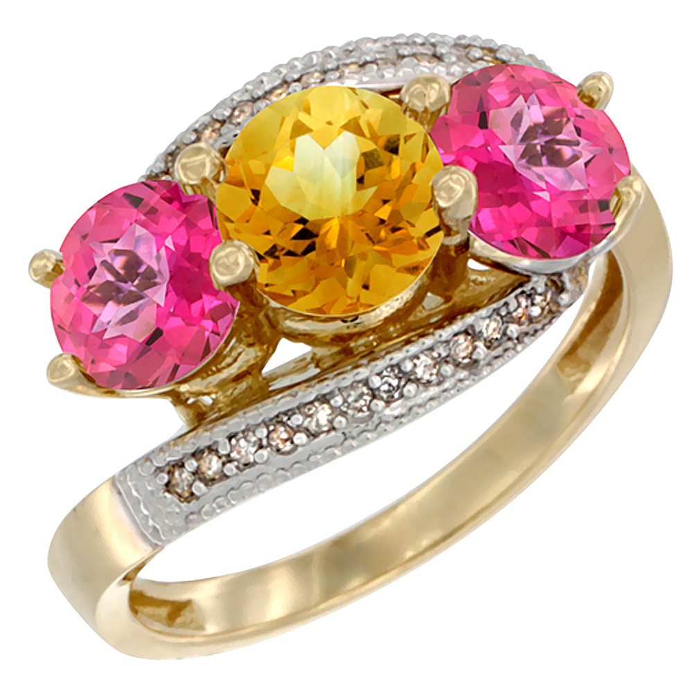 10K Yellow Gold Natural Citrine & Pink Topaz Sides 3 stone Ring Round 6mm Diamond Accent, sizes 5 - 10
