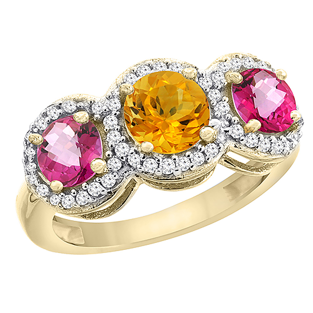 10K Yellow Gold Natural Citrine &amp; Pink Topaz Sides Round 3-stone Ring Diamond Accents, sizes 5 - 10