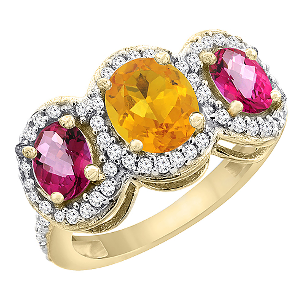 10K Yellow Gold Natural Citrine & Pink Topaz 3-Stone Ring Oval Diamond Accent, sizes 5 - 10