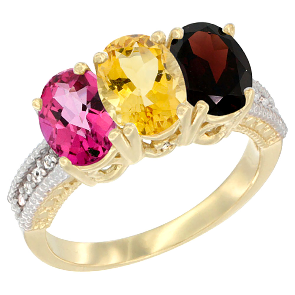 14K Yellow Gold Natural Pink Topaz, Citrine & Garnet Ring 3-Stone 7x5 mm Oval Diamond Accent, sizes 5 - 10