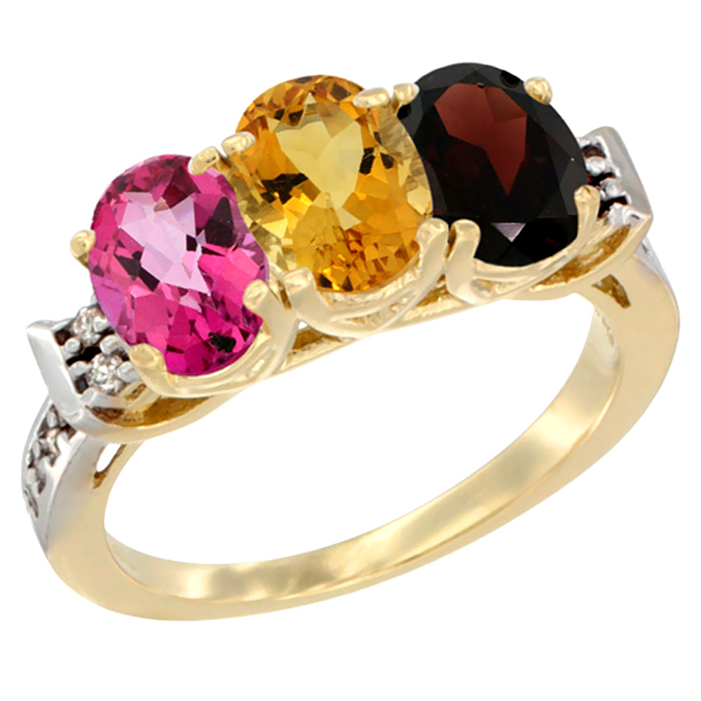 10K Yellow Gold Natural Pink Topaz, Citrine &amp; Garnet Ring 3-Stone Oval 7x5 mm Diamond Accent, sizes 5 - 10