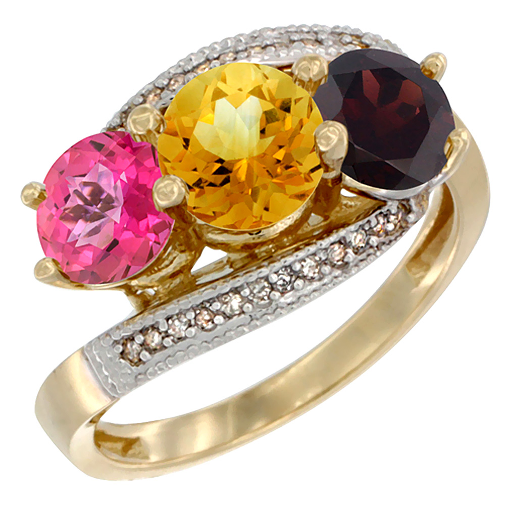 10K Yellow Gold Natural Pink Topaz, Citrine &amp; Garnet 3 stone Ring Round 6mm Diamond Accent, sizes 5 - 10
