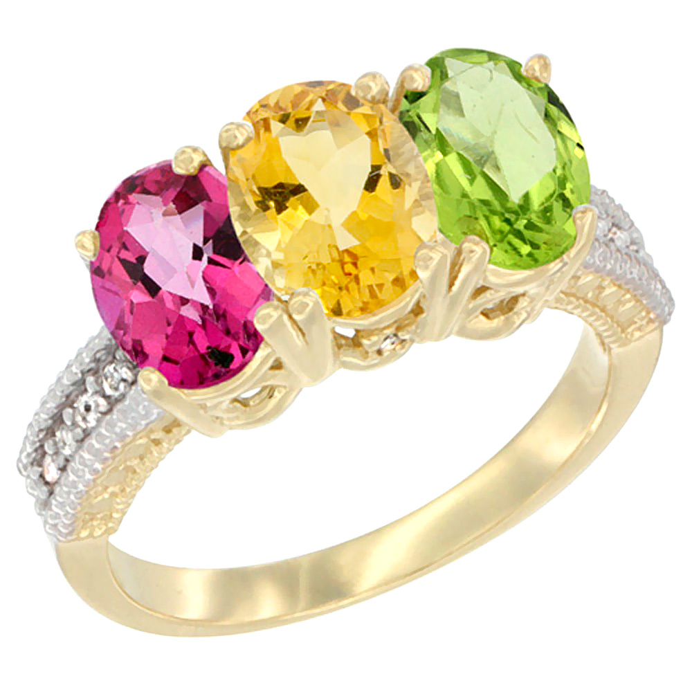 10K Yellow Gold Diamond Natural Pink Topaz, Citrine &amp; Peridot Ring 3-Stone Oval 7x5 mm, sizes 5 - 10