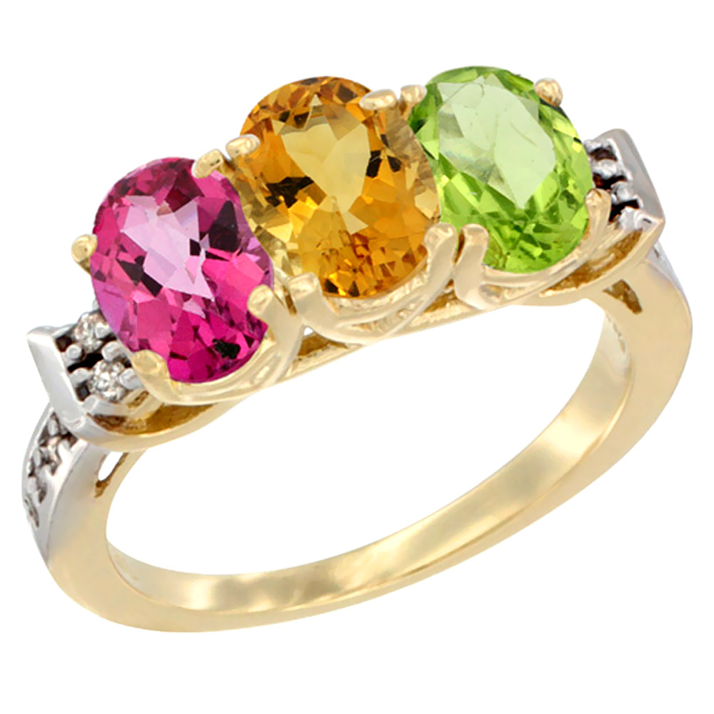 10K Yellow Gold Natural Pink Topaz, Citrine &amp; Peridot Ring 3-Stone Oval 7x5 mm Diamond Accent, sizes 5 - 10