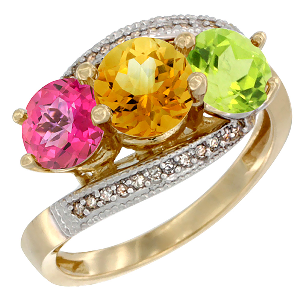 10K Yellow Gold Natural Pink Topaz, Citrine &amp; Peridot 3 stone Ring Round 6mm Diamond Accent, sizes 5 - 10