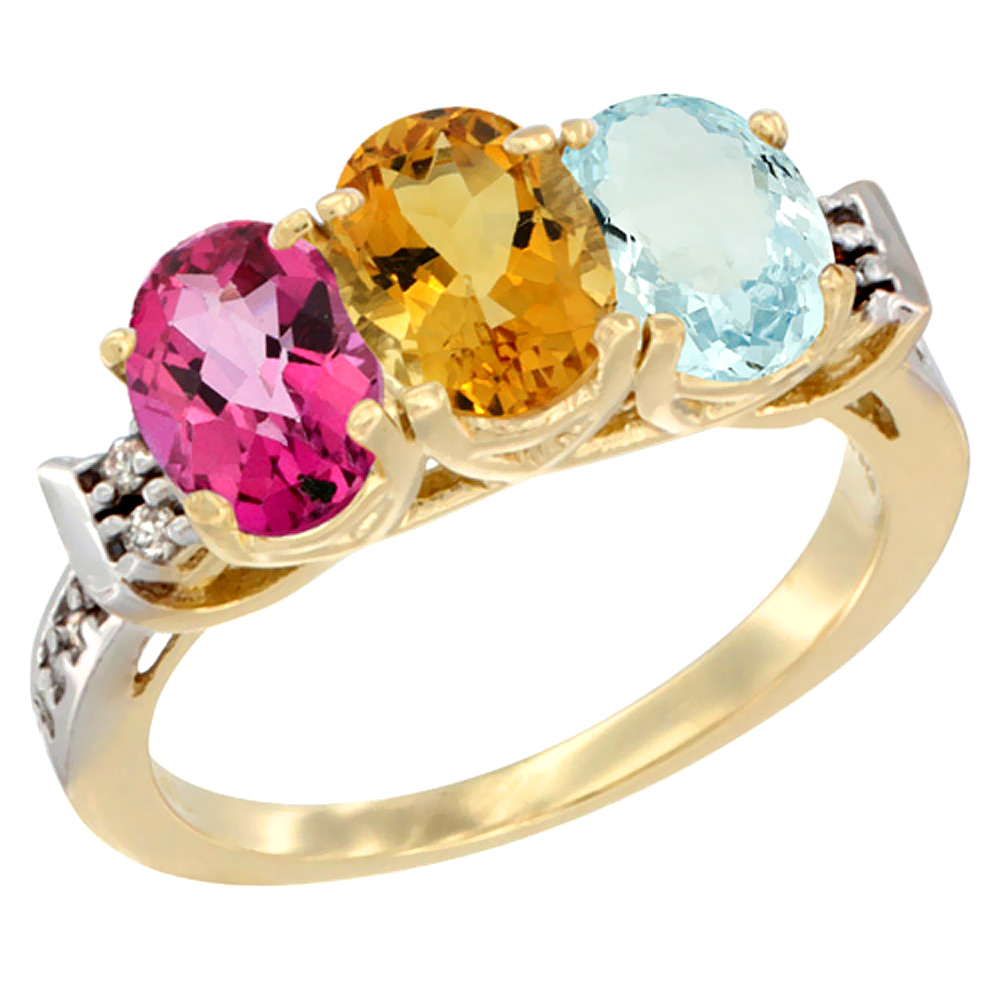 14K Yellow Gold Natural Pink Topaz, Citrine &amp; Aquamarine Ring 3-Stone 7x5 mm Oval Diamond Accent, sizes 5 - 10