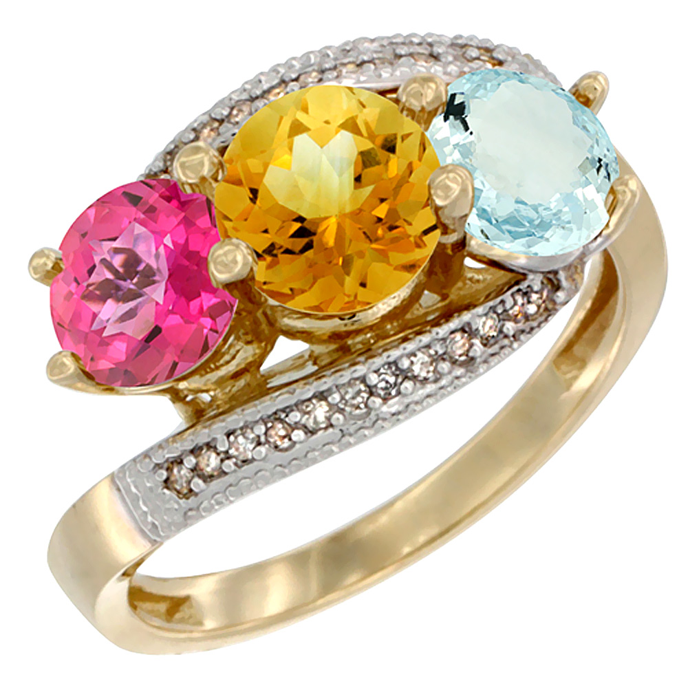 10K Yellow Gold Natural Pink Topaz, Citrine &amp; Aquamarine 3 stone Ring Round 6mm Diamond Accent, sizes 5 - 10