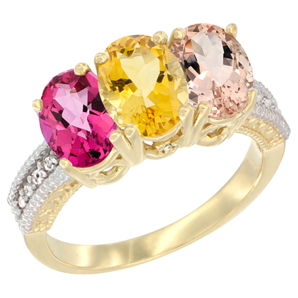 14K Yellow Gold Natural Pink Topaz, Citrine &amp; Morganite Ring 3-Stone 7x5 mm Oval Diamond Accent, sizes 5 - 10