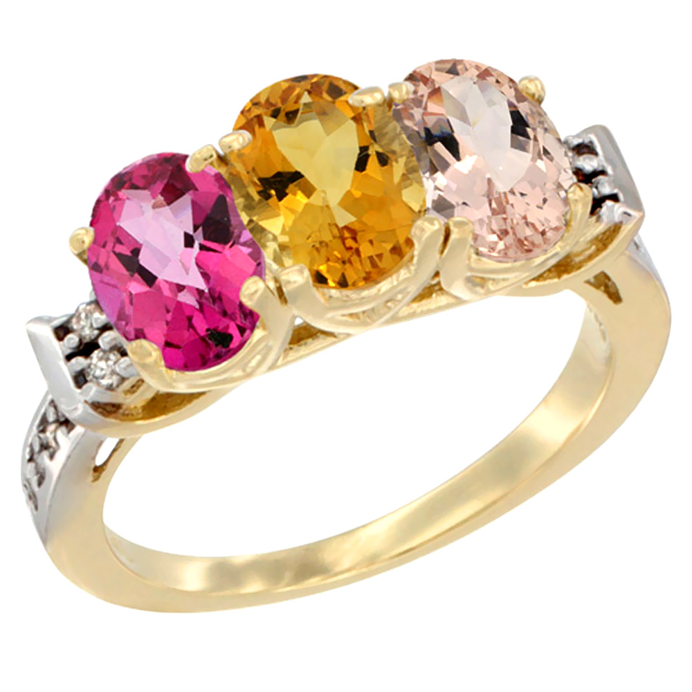 14K Yellow Gold Natural Pink Topaz, Citrine &amp; Morganite Ring 3-Stone 7x5 mm Oval Diamond Accent, sizes 5 - 10