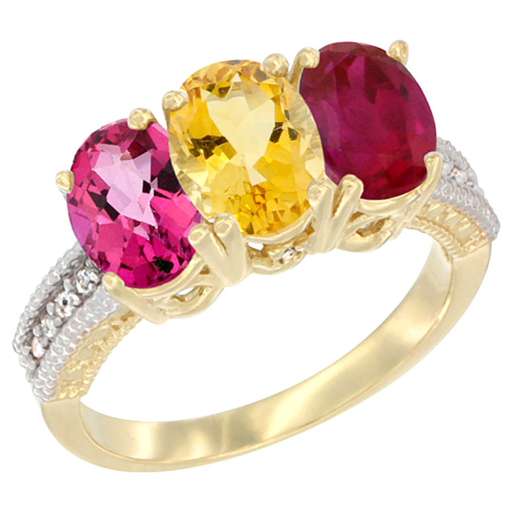 14K Yellow Gold Natural Pink Topaz, Citrine & Enhanced Ruby Ring 3-Stone 7x5 mm Oval Diamond Accent, sizes 5 - 10