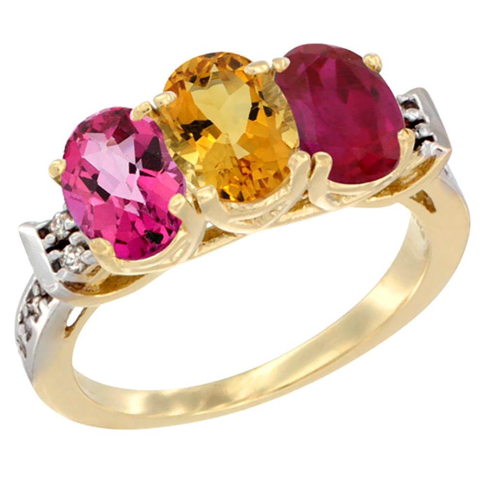 10K Yellow Gold Natural Pink Topaz, Citrine &amp; Enhanced Ruby Ring 3-Stone Oval 7x5 mm Diamond Accent, sizes 5 - 10