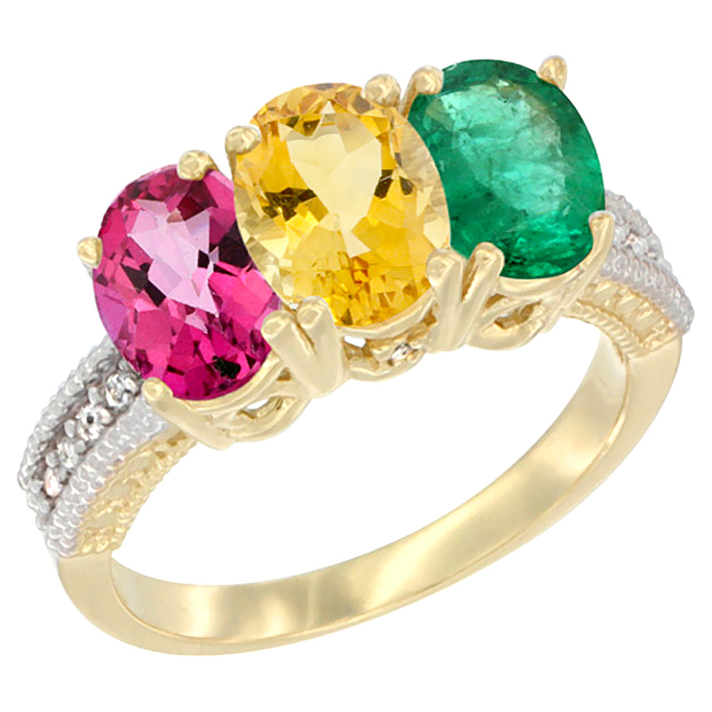 14K Yellow Gold Natural Pink Topaz, Citrine & Emerald Ring 3-Stone 7x5 mm Oval Diamond Accent, sizes 5 - 10