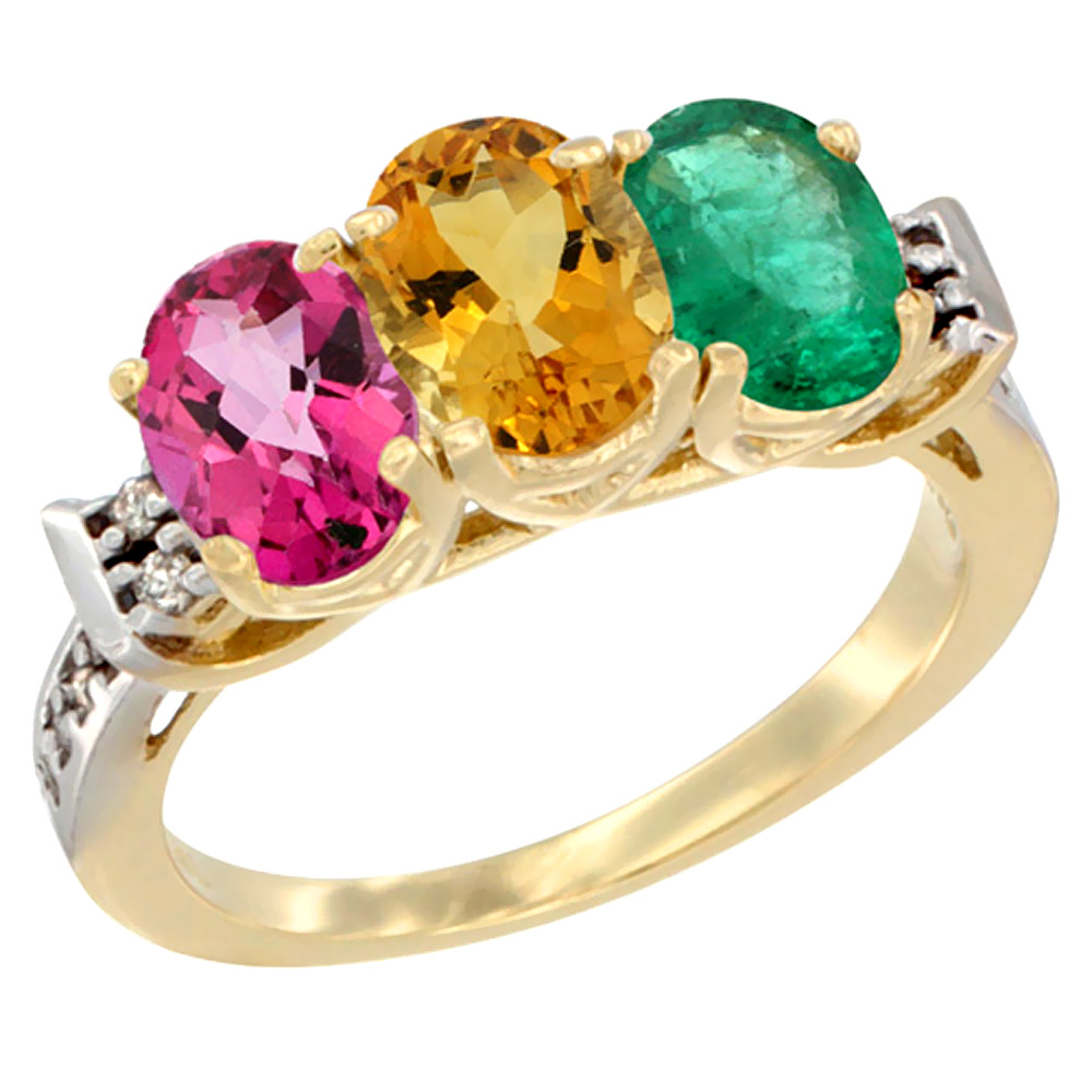 10K Yellow Gold Natural Pink Topaz, Citrine & Emerald Ring 3-Stone Oval 7x5 mm Diamond Accent, sizes 5 - 10
