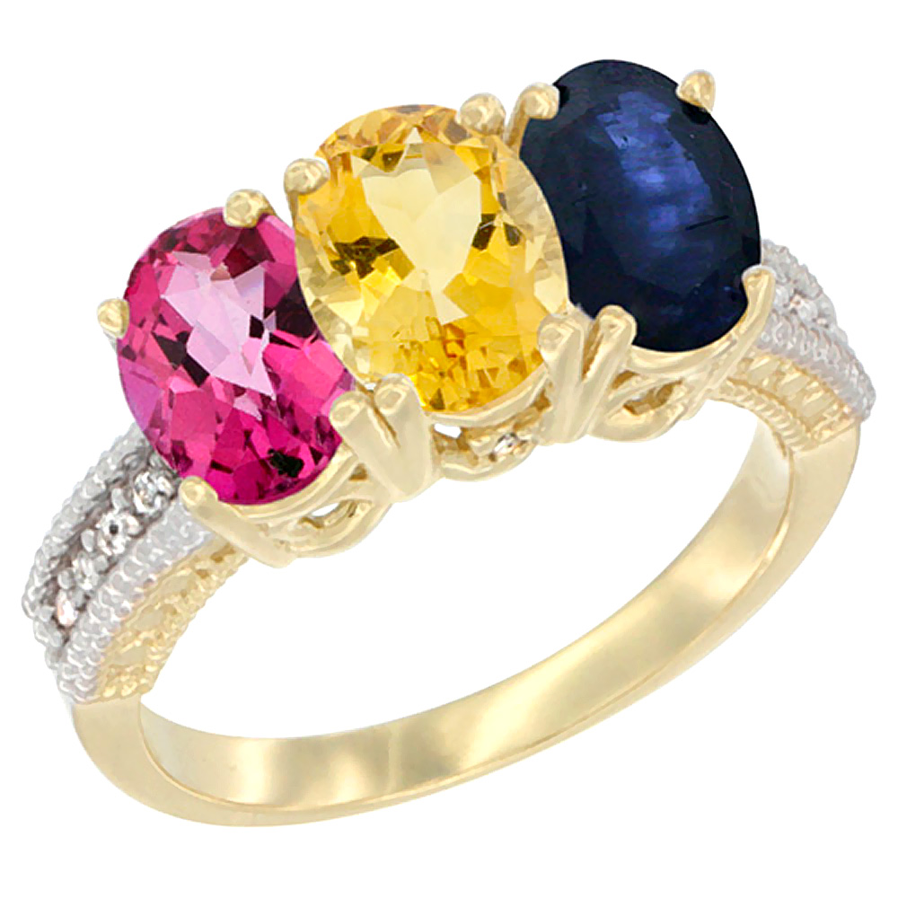14K Yellow Gold Natural Pink Topaz, Citrine &amp; Blue Sapphire Ring 3-Stone 7x5 mm Oval Diamond Accent, sizes 5 - 10