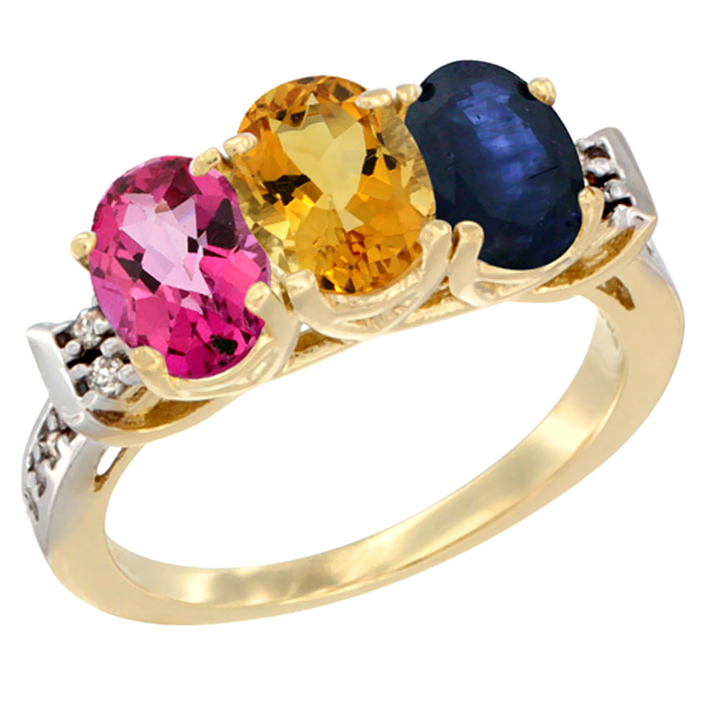 10K Yellow Gold Natural Pink Topaz, Citrine & Blue Sapphire Ring 3-Stone Oval 7x5 mm Diamond Accent, sizes 5 - 10