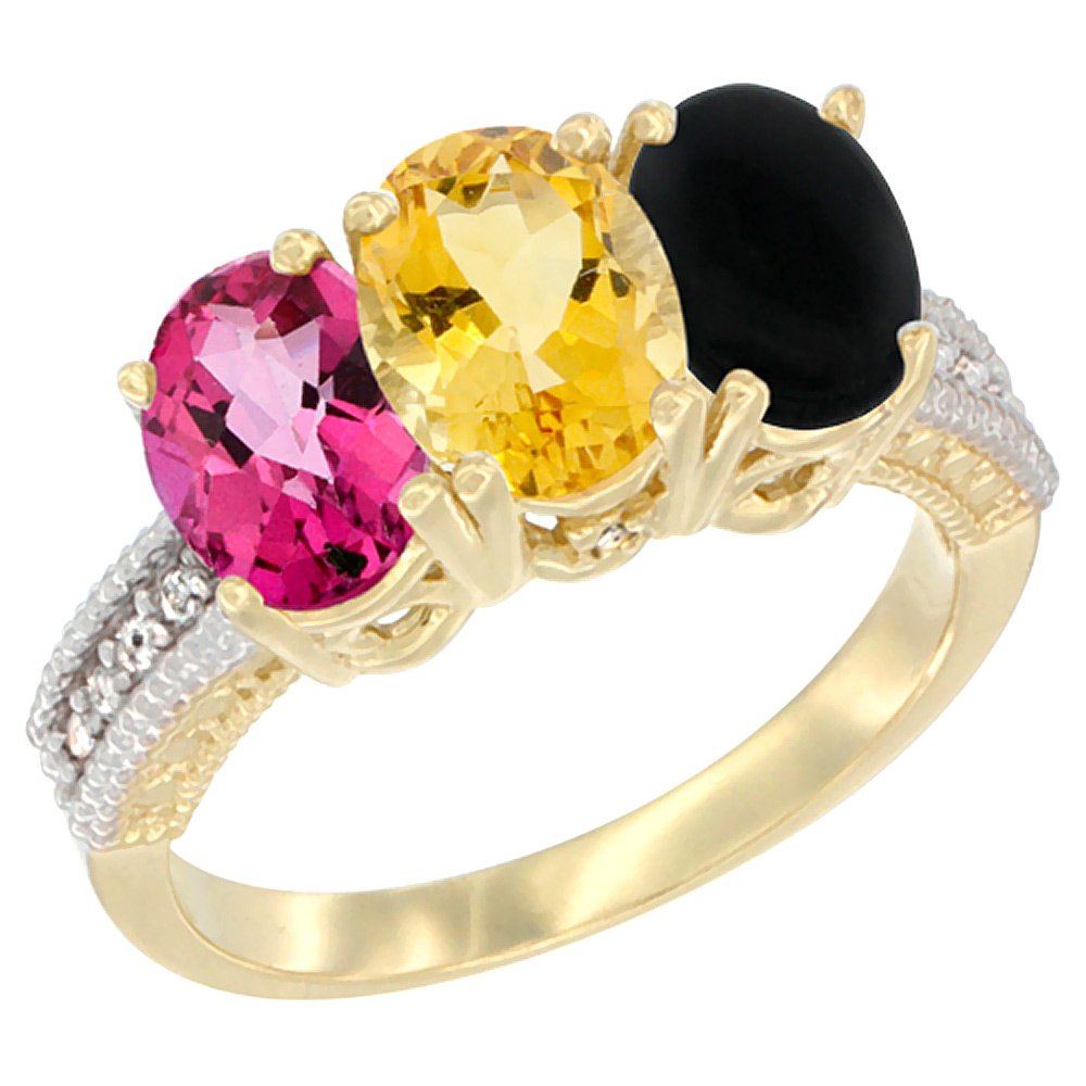 14K Yellow Gold Natural Pink Topaz, Citrine & Black Onyx Ring 3-Stone 7x5 mm Oval Diamond Accent, sizes 5 - 10