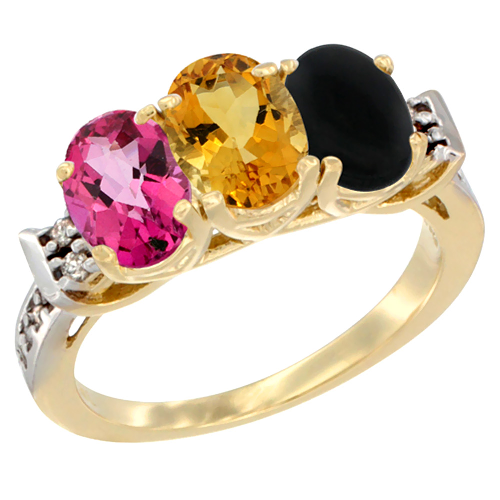 10K Yellow Gold Natural Pink Topaz, Citrine & Black Onyx Ring 3-Stone Oval 7x5 mm Diamond Accent, sizes 5 - 10