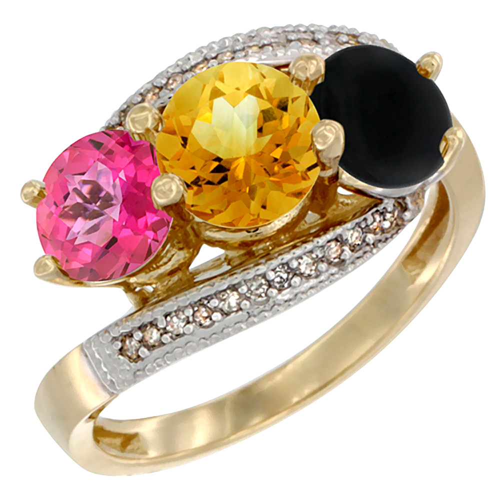 10K Yellow Gold Natural Pink Topaz, Citrine &amp; Black Onyx 3 stone Ring Round 6mm Diamond Accent, sizes 5 - 10