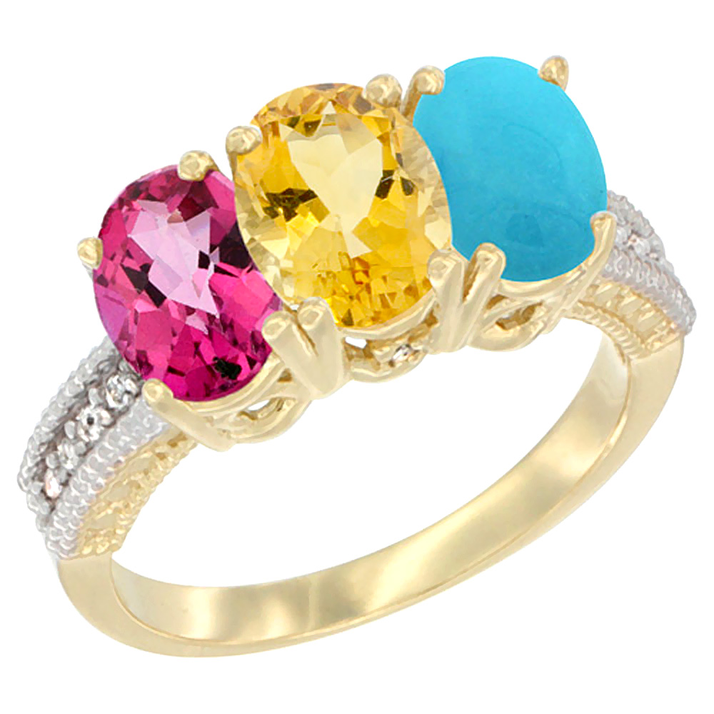 14K Yellow Gold Natural Pink Topaz, Citrine &amp; Turquoise Ring 3-Stone 7x5 mm Oval Diamond Accent, sizes 5 - 10