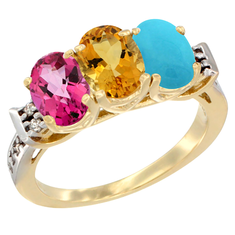 10K Yellow Gold Natural Pink Topaz, Citrine &amp; Turquoise Ring 3-Stone Oval 7x5 mm Diamond Accent, sizes 5 - 10