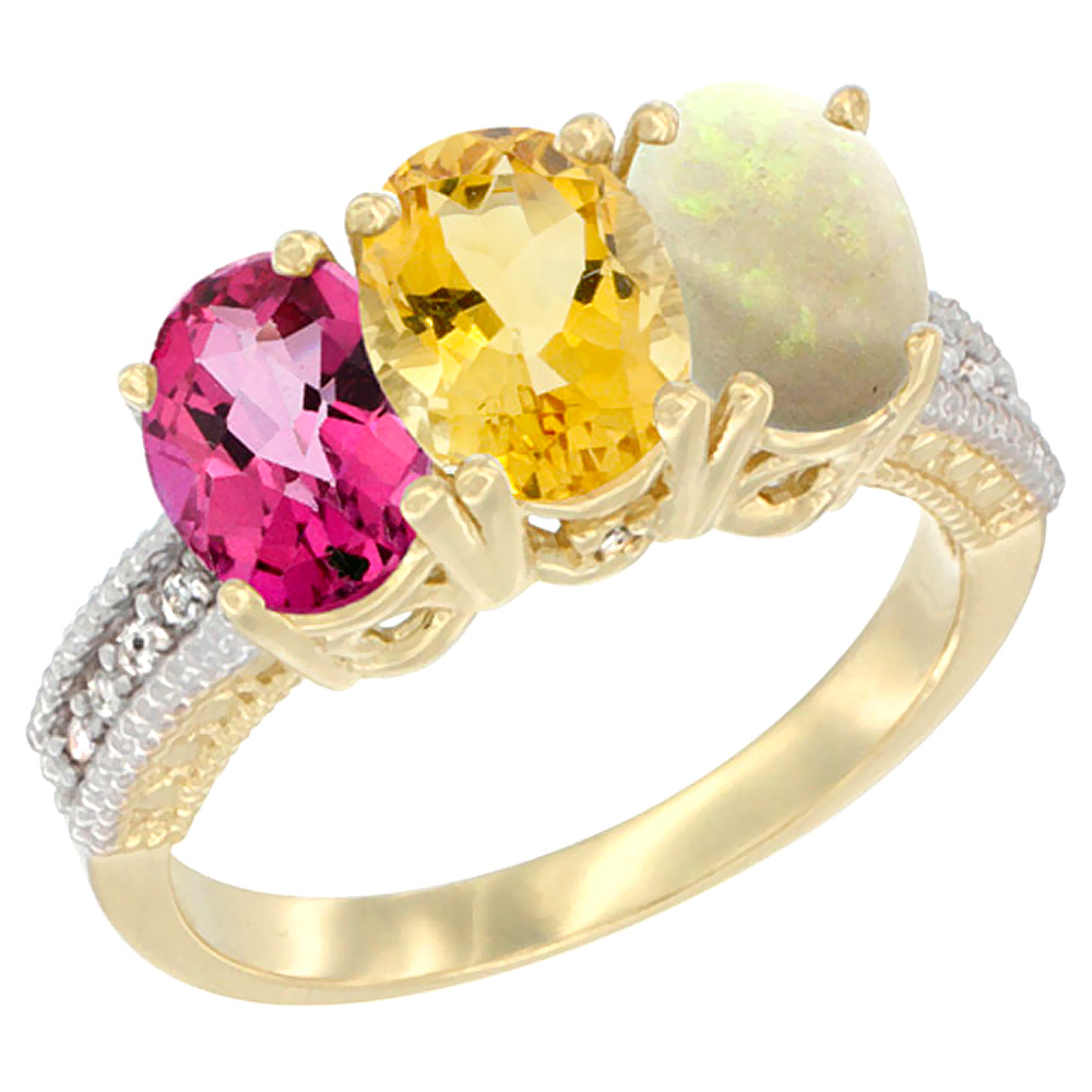 14K Yellow Gold Natural Pink Topaz, Citrine &amp; Opal Ring 3-Stone 7x5 mm Oval Diamond Accent, sizes 5 - 10