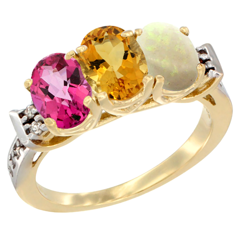 10K Yellow Gold Natural Pink Topaz, Citrine & Opal Ring 3-Stone Oval 7x5 mm Diamond Accent, sizes 5 - 10