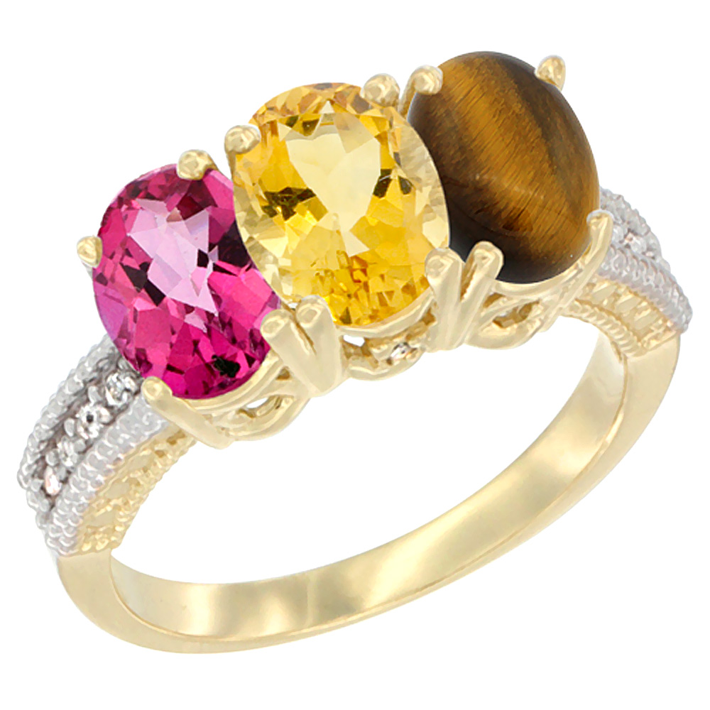 14K Yellow Gold Natural Pink Topaz, Citrine &amp; Tiger Eye Ring 3-Stone 7x5 mm Oval Diamond Accent, sizes 5 - 10