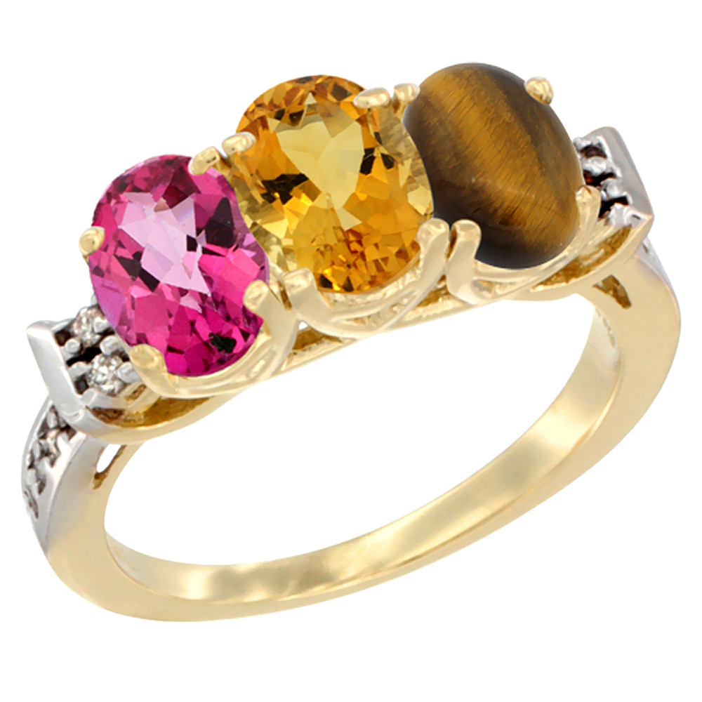 10K Yellow Gold Natural Pink Topaz, Citrine & Tiger Eye Ring 3-Stone Oval 7x5 mm Diamond Accent, sizes 5 - 10