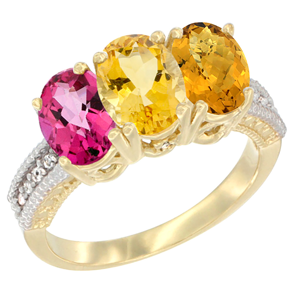 14K Yellow Gold Natural Pink Topaz, Citrine &amp; Whisky Quartz Ring 3-Stone 7x5 mm Oval Diamond Accent, sizes 5 - 10