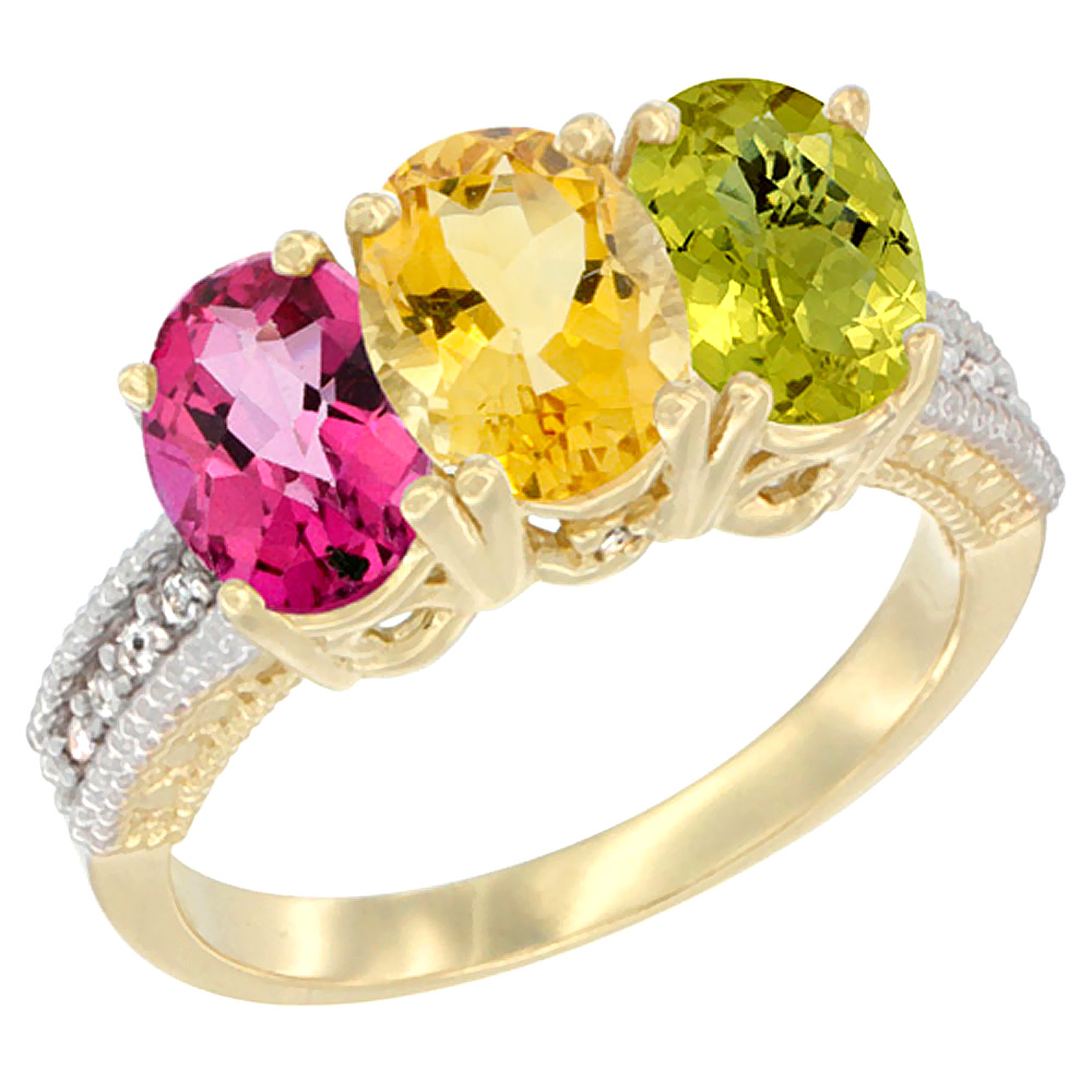 14K Yellow Gold Natural Pink Topaz, Citrine &amp; Lemon Quartz Ring 3-Stone 7x5 mm Oval Diamond Accent, sizes 5 - 10
