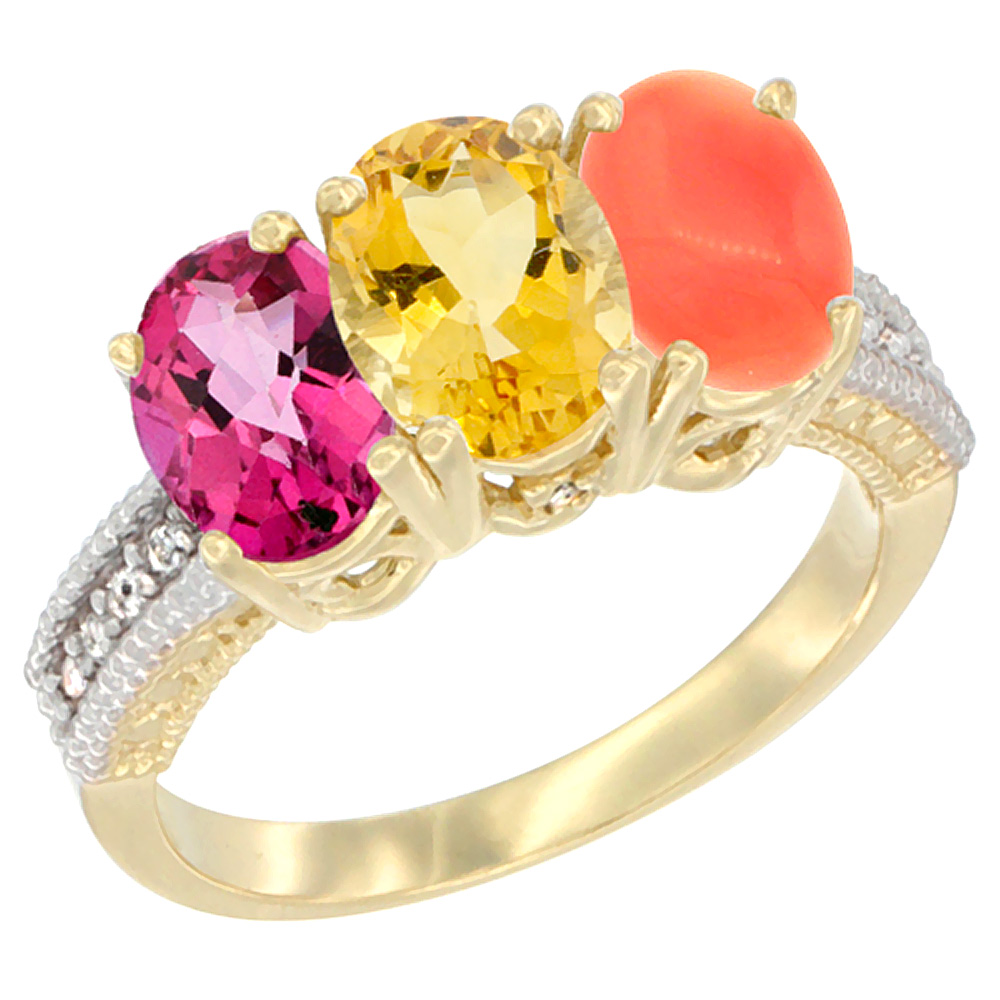 14K Yellow Gold Natural Pink Topaz, Citrine &amp; Coral Ring 3-Stone 7x5 mm Oval Diamond Accent, sizes 5 - 10