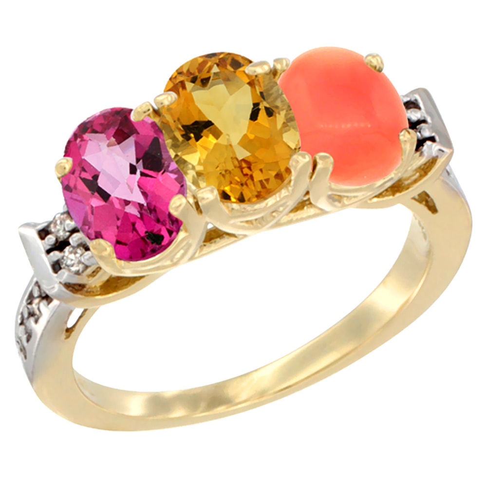 14K Yellow Gold Natural Pink Topaz, Citrine & Coral Ring 3-Stone 7x5 mm Oval Diamond Accent, sizes 5 - 10