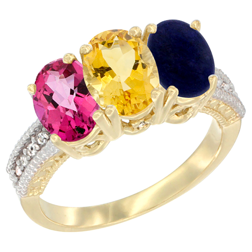 14K Yellow Gold Natural Pink Topaz, Citrine & Lapis Ring 3-Stone 7x5 mm Oval Diamond Accent, sizes 5 - 10