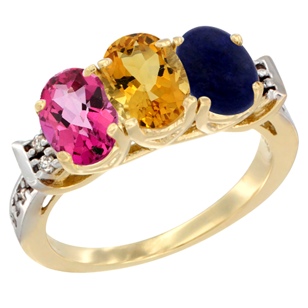 10K Yellow Gold Natural Pink Topaz, Citrine & Lapis Ring 3-Stone Oval 7x5 mm Diamond Accent, sizes 5 - 10