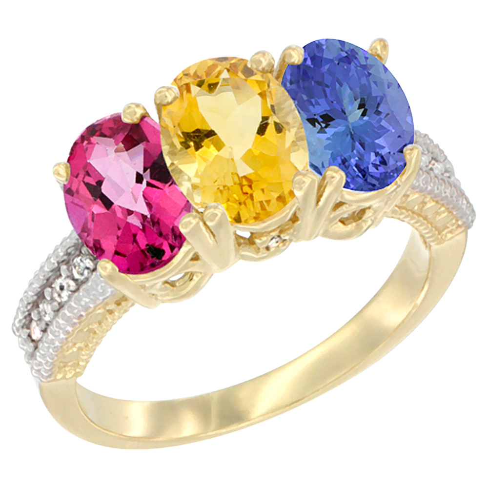 14K Yellow Gold Natural Pink Topaz, Citrine & Tanzanite Ring 3-Stone 7x5 mm Oval Diamond Accent, sizes 5 - 10