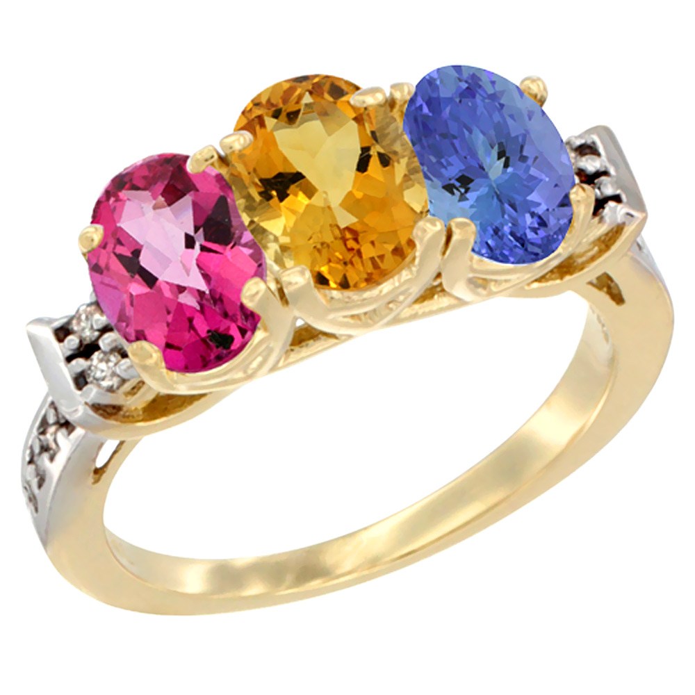 14K Yellow Gold Natural Pink Topaz, Citrine & Tanzanite Ring 3-Stone 7x5 mm Oval Diamond Accent, sizes 5 - 10