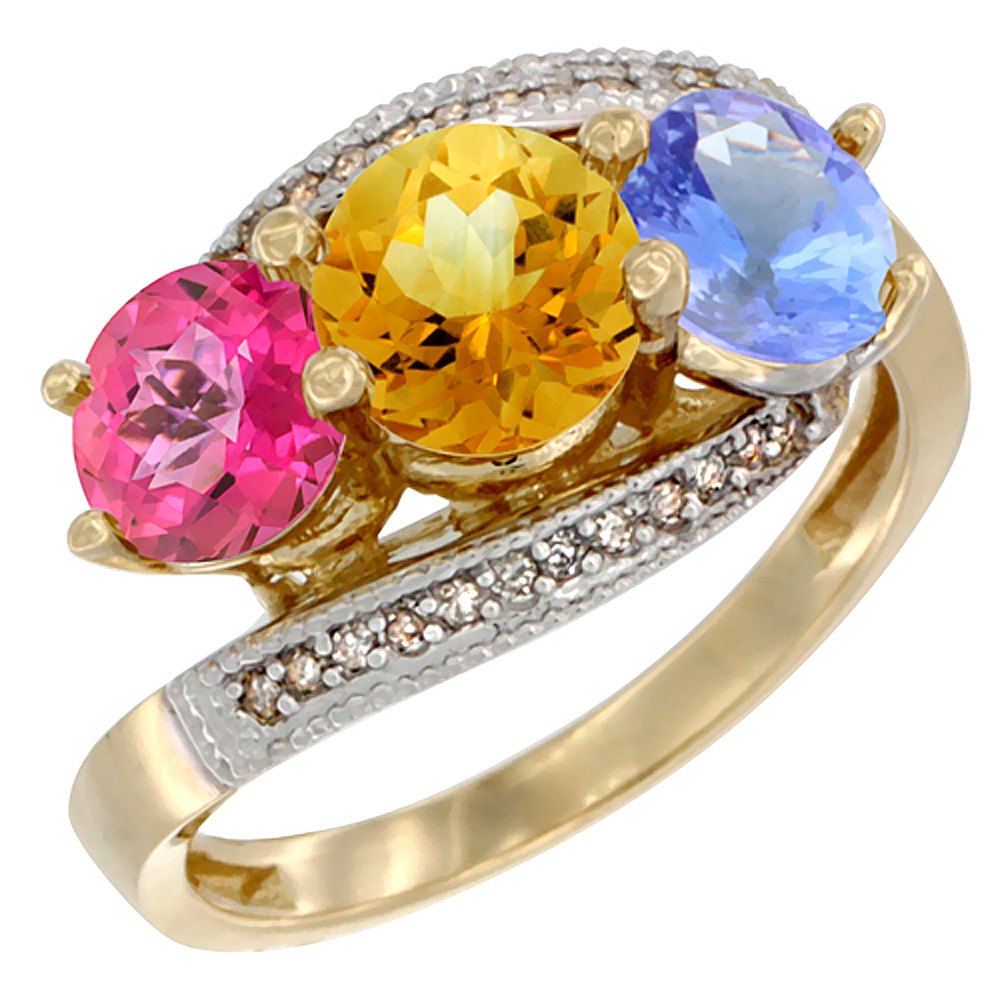 10K Yellow Gold Natural Pink Topaz, Citrine &amp; Tanzanite 3 stone Ring Round 6mm Diamond Accent, sizes 5 - 10