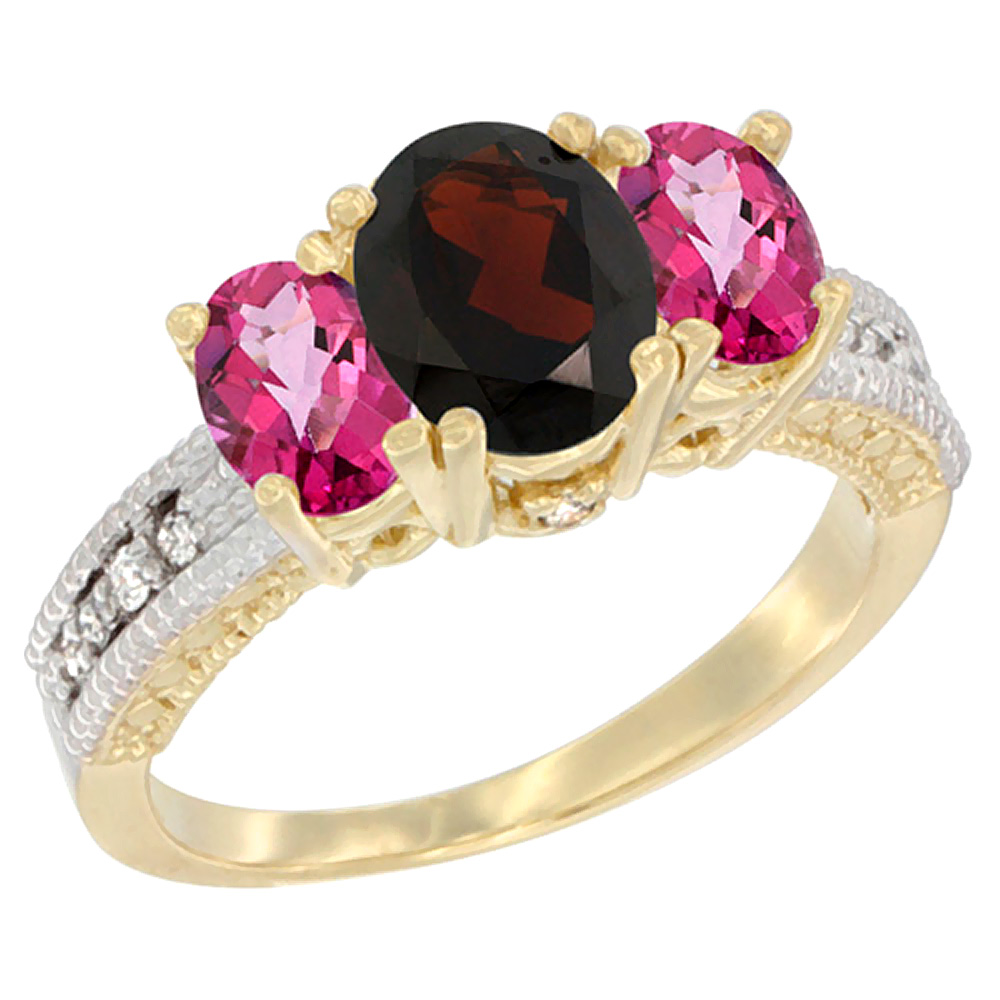 10K Yellow Gold Diamond Natural Garnet Ring Oval 3-stone with Pink Topaz, sizes 5 - 10