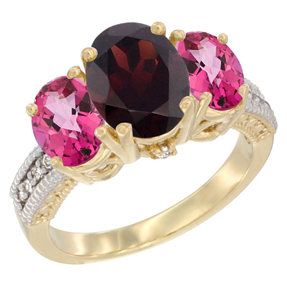 10K Yellow Gold Diamond Natural Garnet Ring 3-Stone Oval 8x6mm with Pink Topaz, sizes5-10