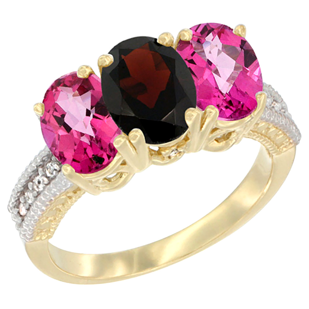 14K Yellow Gold Natural Garnet & Pink Topaz Sides Ring 3-Stone 7x5 mm Oval Diamond Accent, sizes 5 - 10