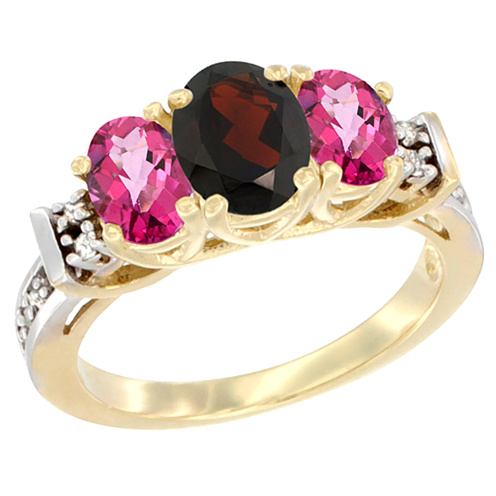 14K Yellow Gold Natural Garnet & Pink Topaz Ring 3-Stone Oval Diamond Accent