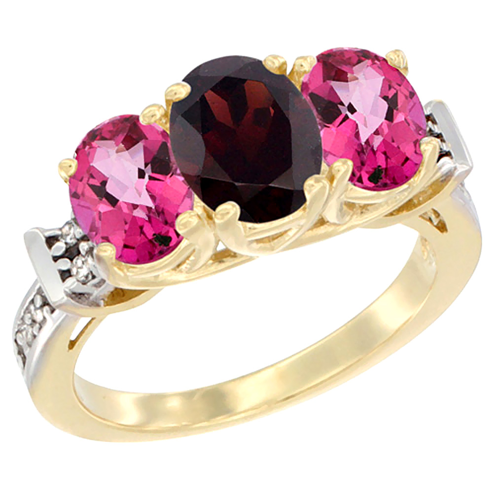 10K Yellow Gold Natural Garnet &amp; Pink Topaz Sides Ring 3-Stone Oval Diamond Accent, sizes 5 - 10