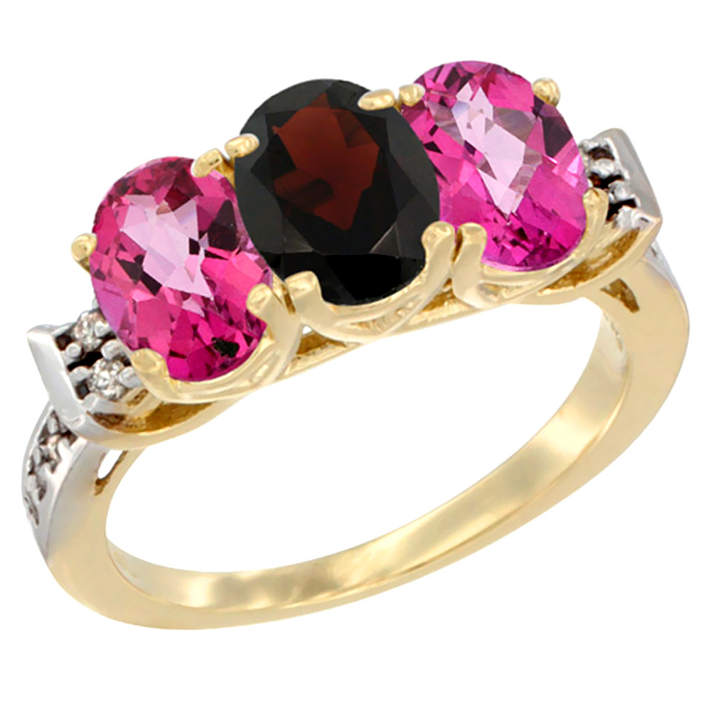 10K Yellow Gold Natural Garnet & Pink Topaz Sides Ring 3-Stone Oval 7x5 mm Diamond Accent, sizes 5 - 10