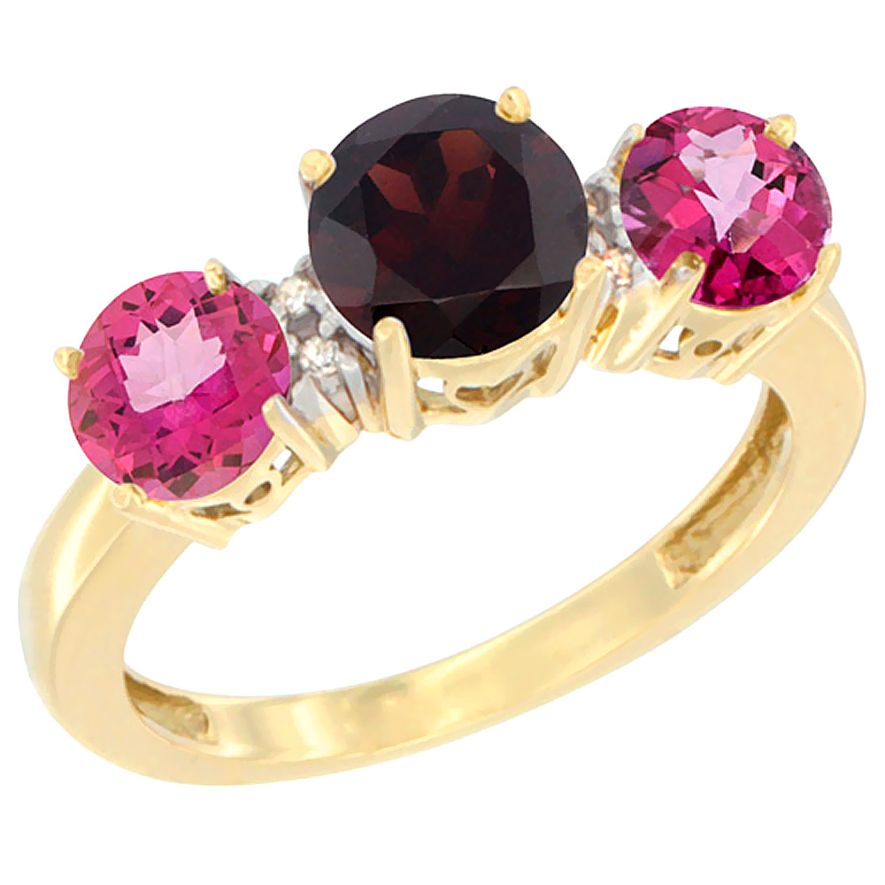 10K Yellow Gold Round 3-Stone Natural Garnet Ring &amp; Pink Topaz Sides Diamond Accent, sizes 5 - 10