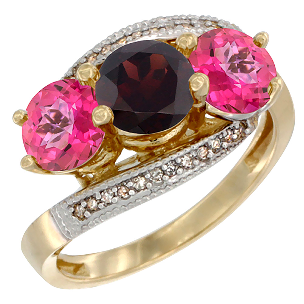 10K Yellow Gold Natural Garnet &amp; Pink Topaz Sides 3 stone Ring Round 6mm Diamond Accent, sizes 5 - 10