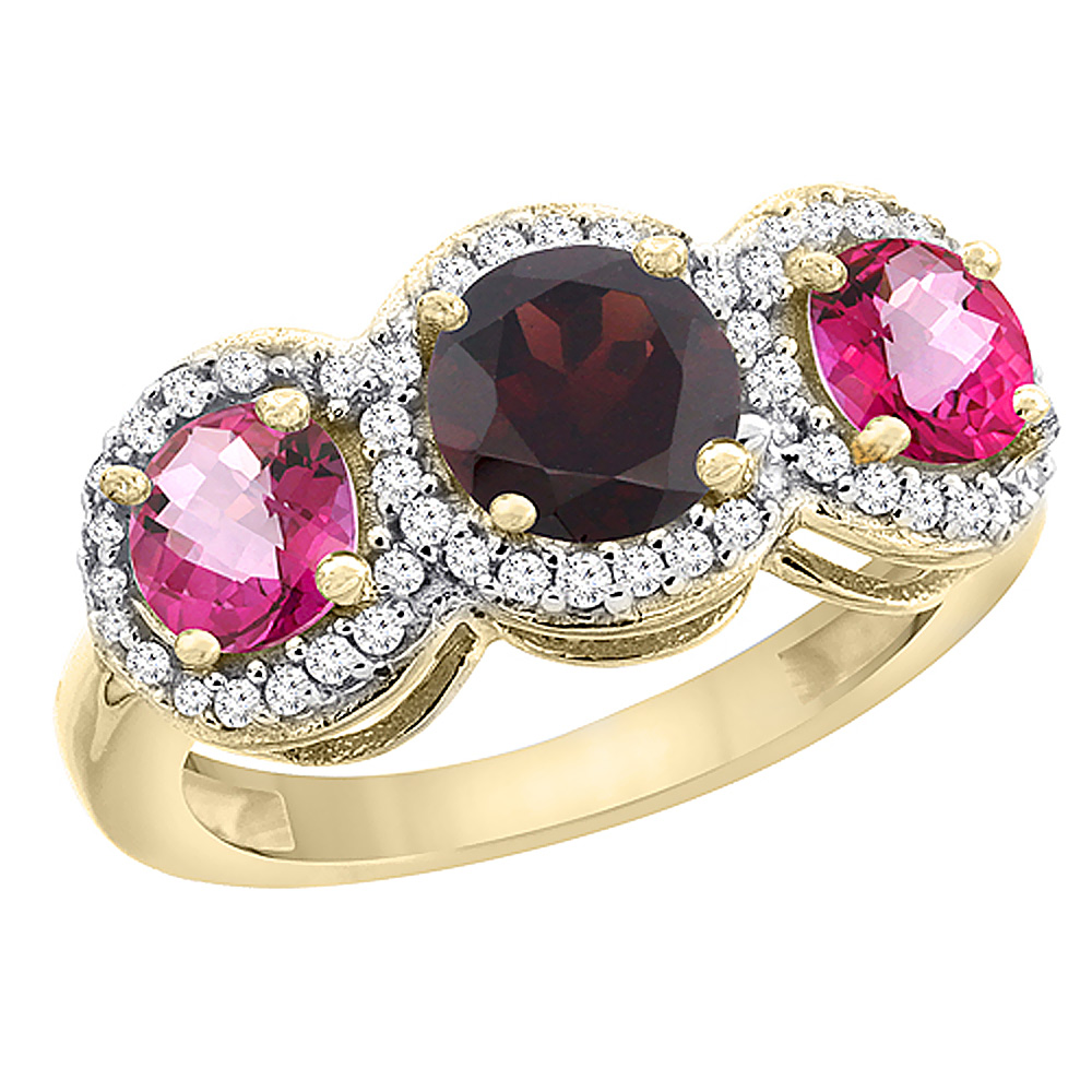 14K Yellow Gold Natural Garnet &amp; Pink Topaz Sides Round 3-stone Ring Diamond Accents, sizes 5 - 10