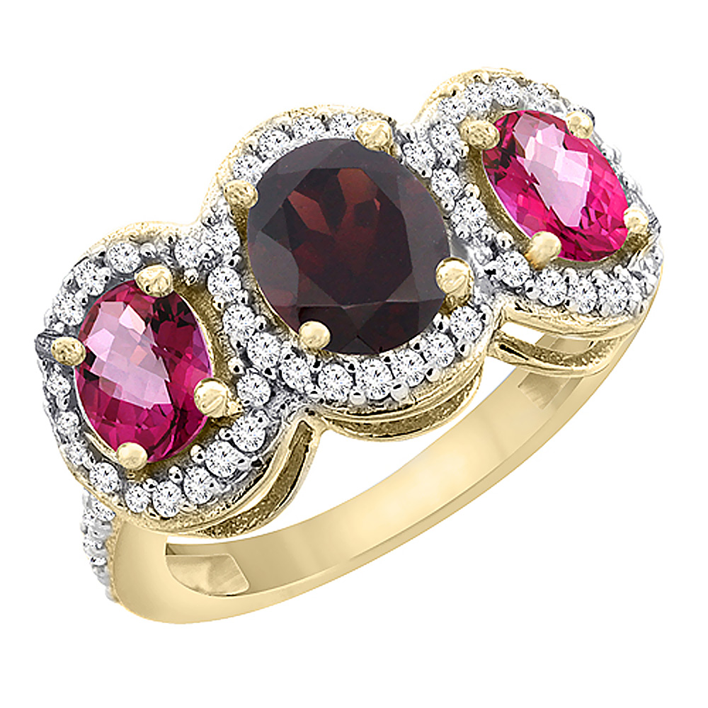 10K Yellow Gold Natural Garnet &amp; Pink Topaz 3-Stone Ring Oval Diamond Accent, sizes 5 - 10